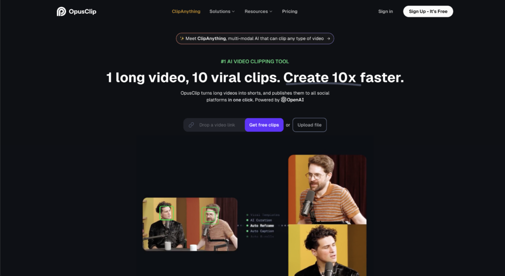 landing page for opusclip. An AI tool that turns long videos into shorts and publishes them to all social platforms